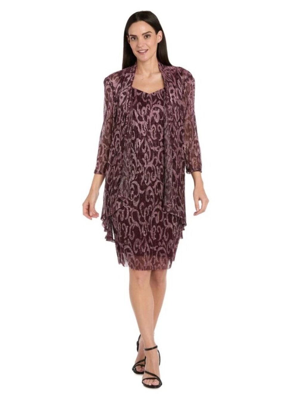 NEW R&M Richards Merlot Metallic Printed Short Cocktail Dress & Jacket Size 22W